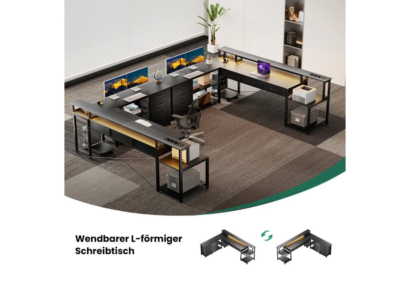 BBWL Computertisch Schreibtisch P2 Spanplatte 7 Stoffschubladen Metallgestell RGB LED Beleuchtung Steckdose 3AC+2USB PC-Ständer - Bild 5