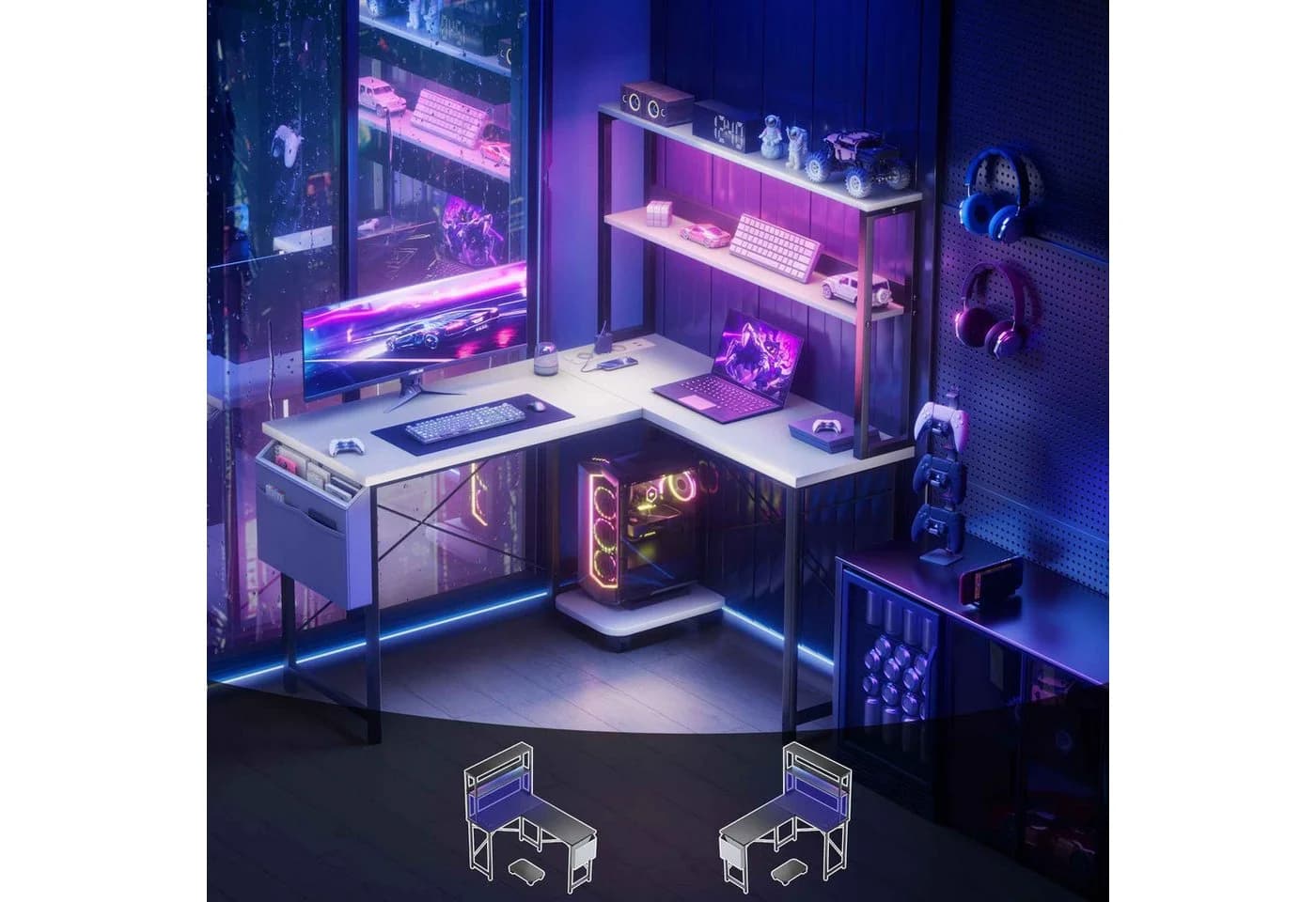 BBWL Doppelstock-Computertisch mit RGB-LED und Steckdosenleiste weiß - Bild 3