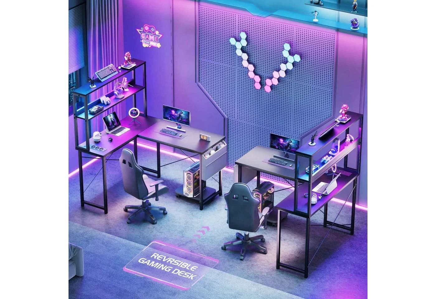 BBWL Computertisch Doppelstock mit RGB-LED und Steckdosenleiste