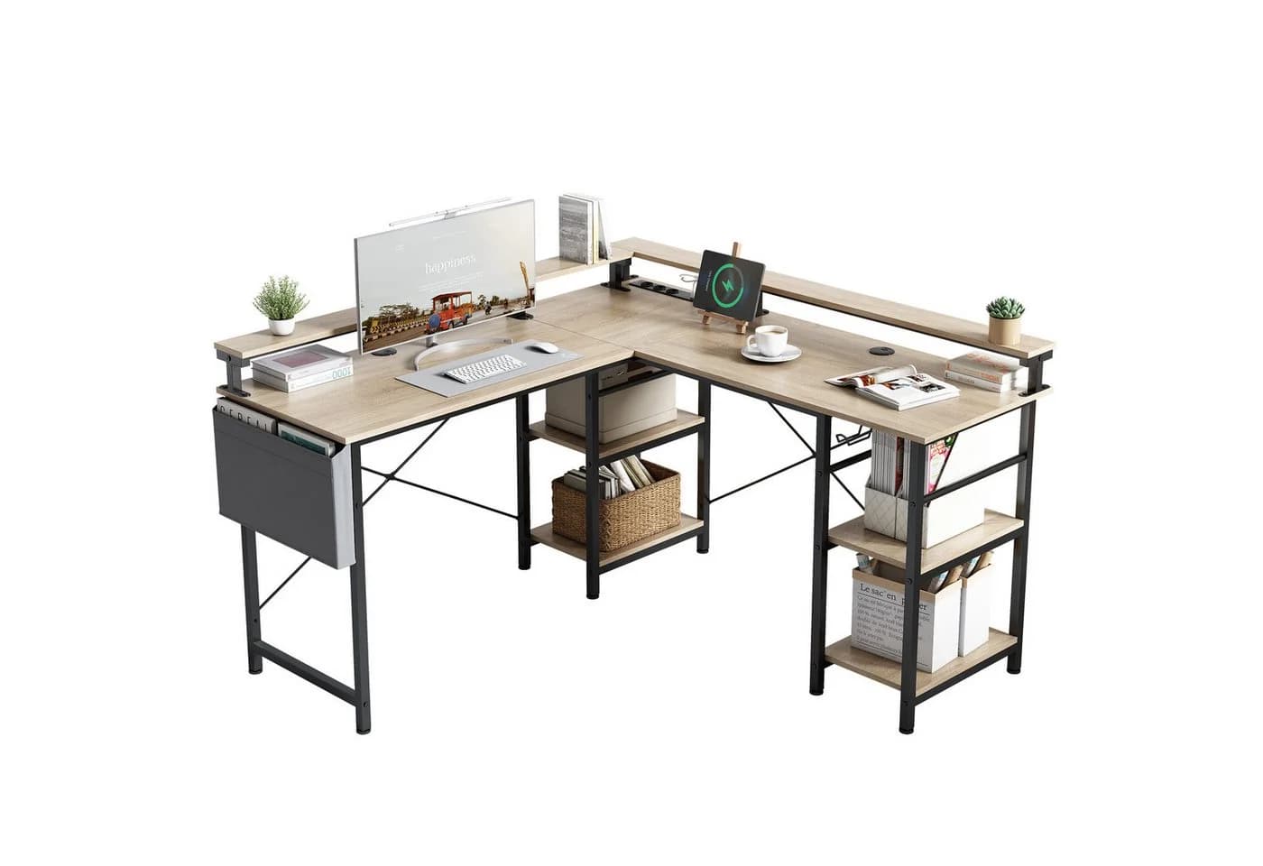 BBWL L-förmiger Gaming-Schreibtisch mit LED, Steckdose, Monitorständer, 140 x 140 x 85 cm, mit Ablagefach, langer 2-Personen-Schreibtisch - Bild 2