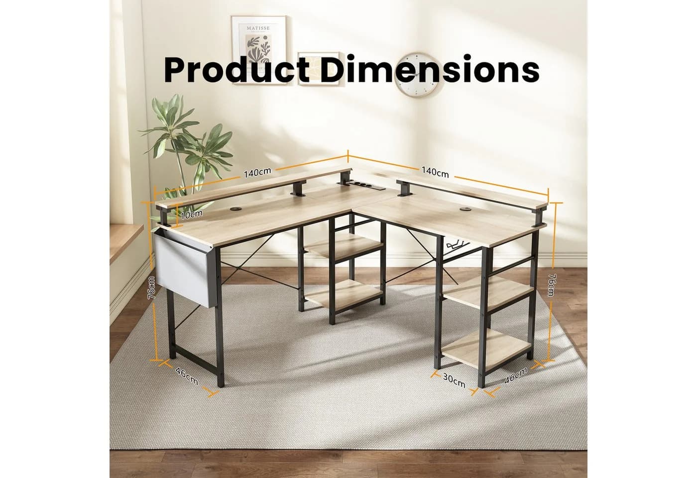 BBWL L-förmiger Gaming-Schreibtisch mit LED, Steckdose, Monitorständer, 140 x 140 x 85 cm, mit Ablagefach, langer 2-Personen-Schreibtisch - Bild 3