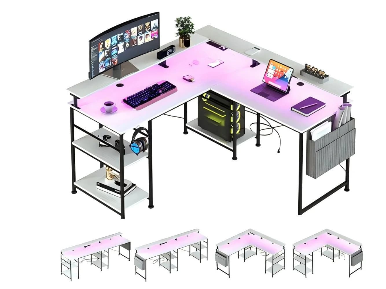 Yemaster Computertisch L-förmig mit LED, Steckdosen & USB - Weiß