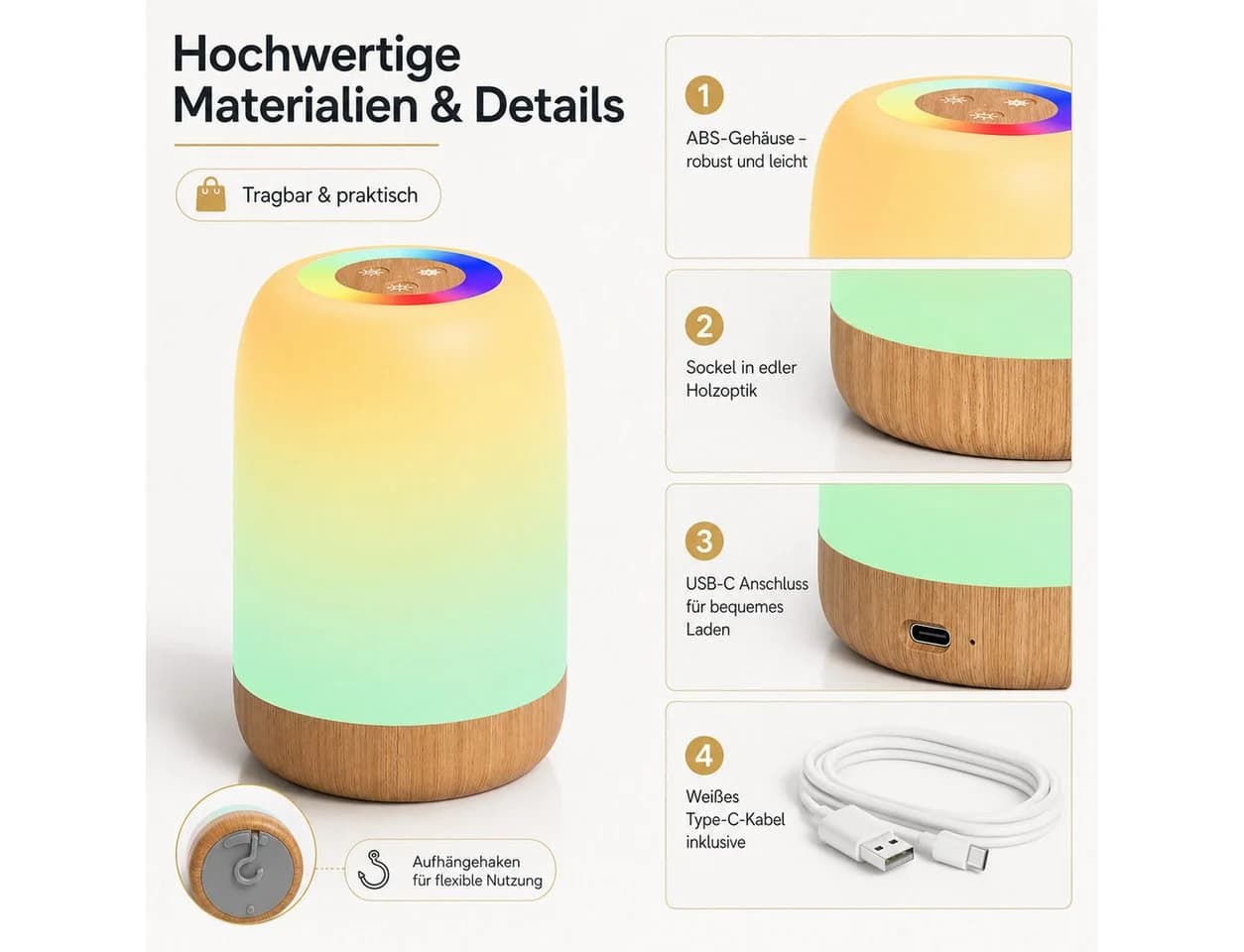 Fyrove LED Nachtlicht RGB Touch Nachtlampe Dimmbar USB-C - Bild 5