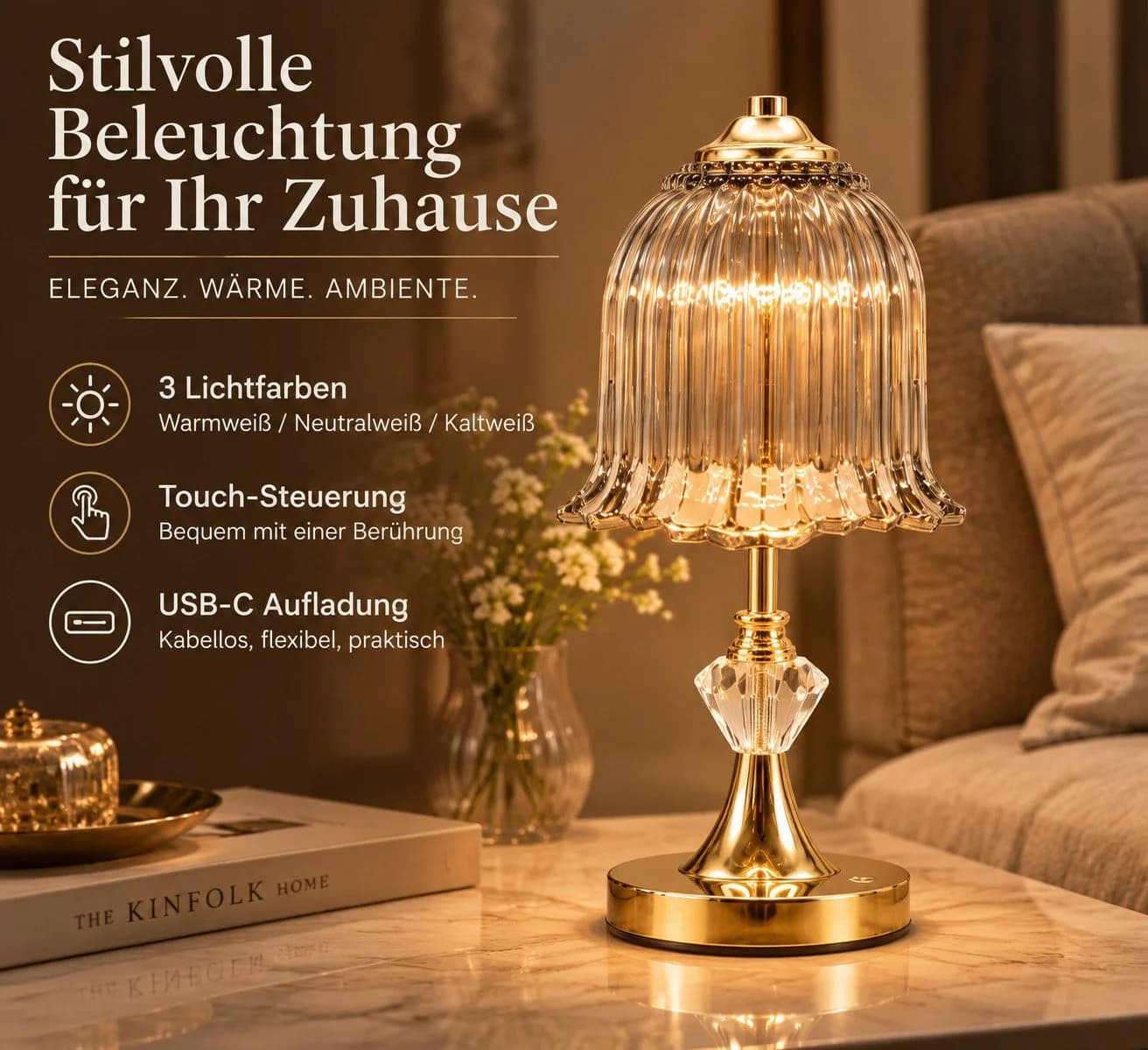 Fyrove LED Nachttischlampe Gold mit Blumen-Glasschirm - Bild 3