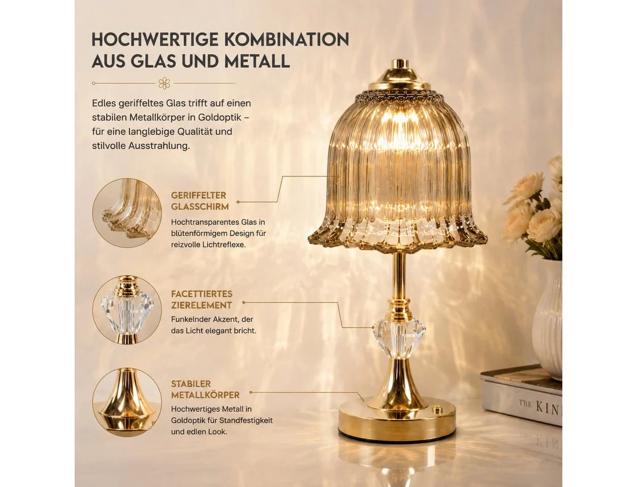 Fyrove LED Nachttischlampe Gold mit Blumen-Glasschirm - Bild 4