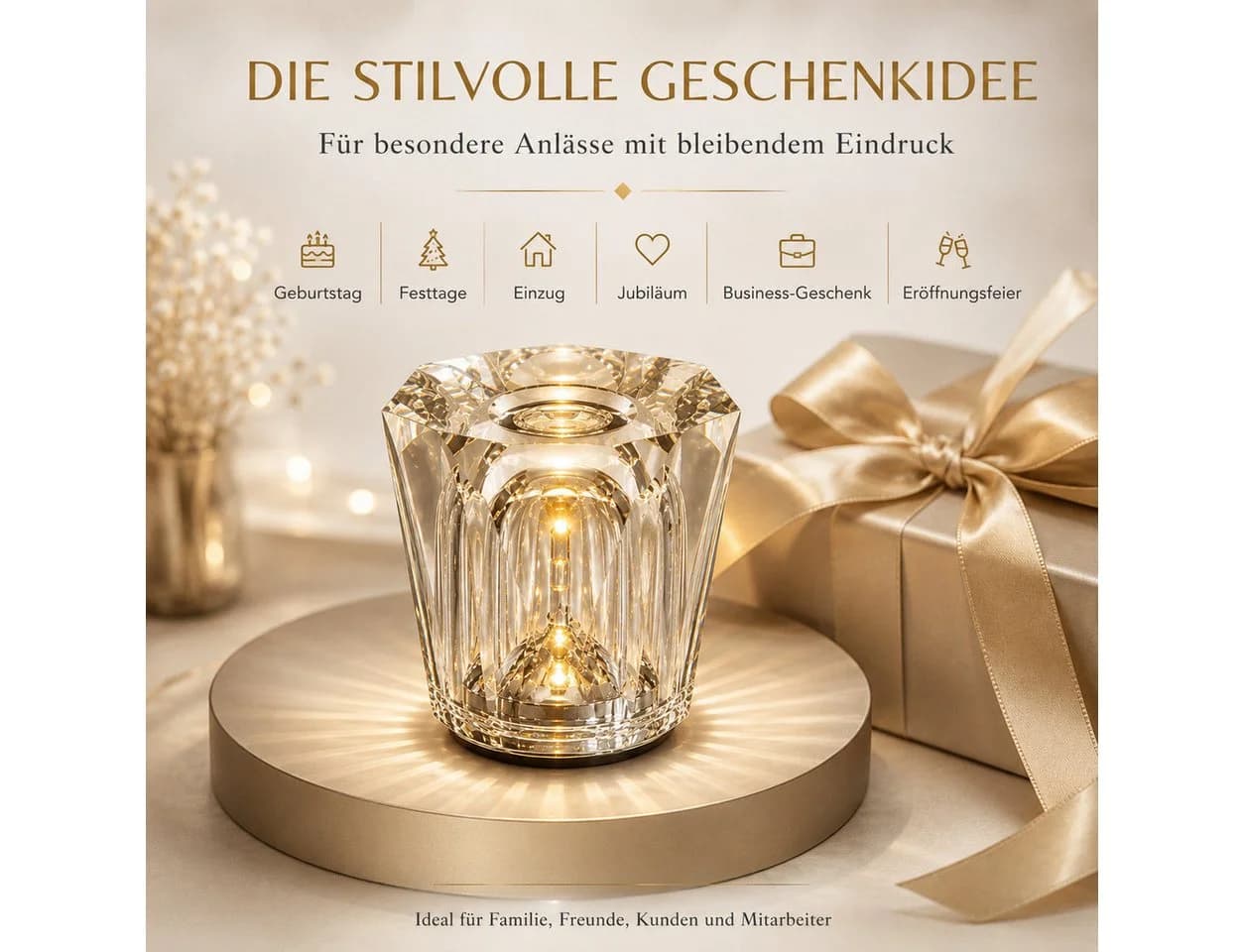 Fyrove Kristall Nachttischlampe mit Akku & 3 Helligkeitsstufen