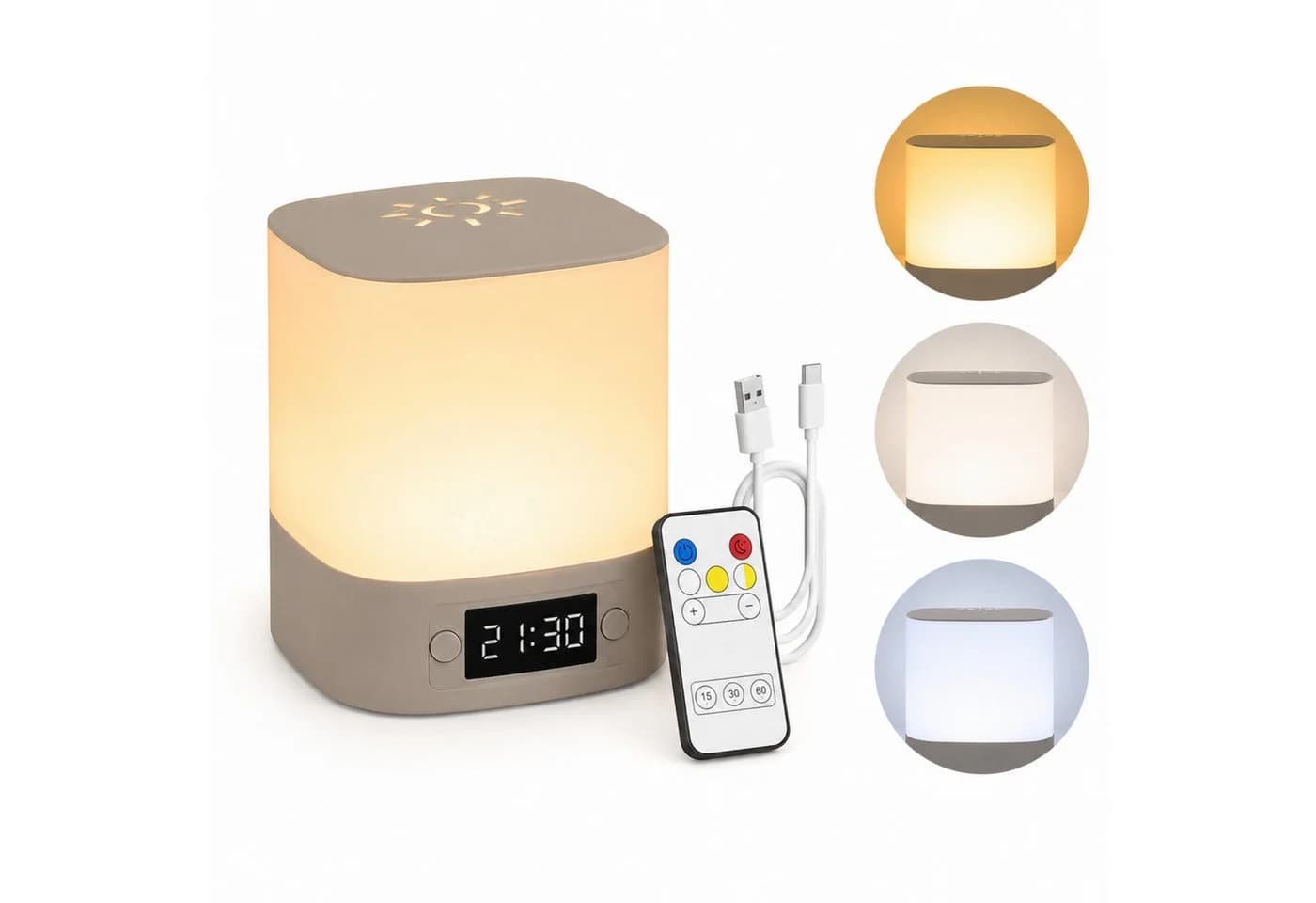 Fyrove Nachtlicht mit Uhr & Wecker, dimmbar, 3 Lichtfarben, wiederaufladbar - Bild 2