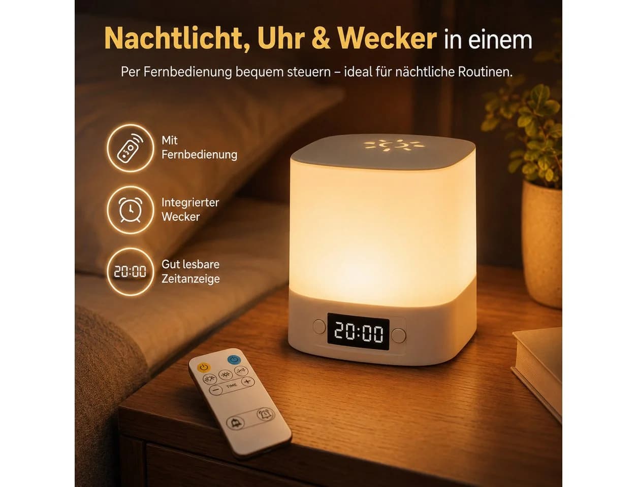 Fyrove Nachtlicht mit Uhr & Wecker, dimmbar, 3 Lichtfarben, wiederaufladbar - Bild 3