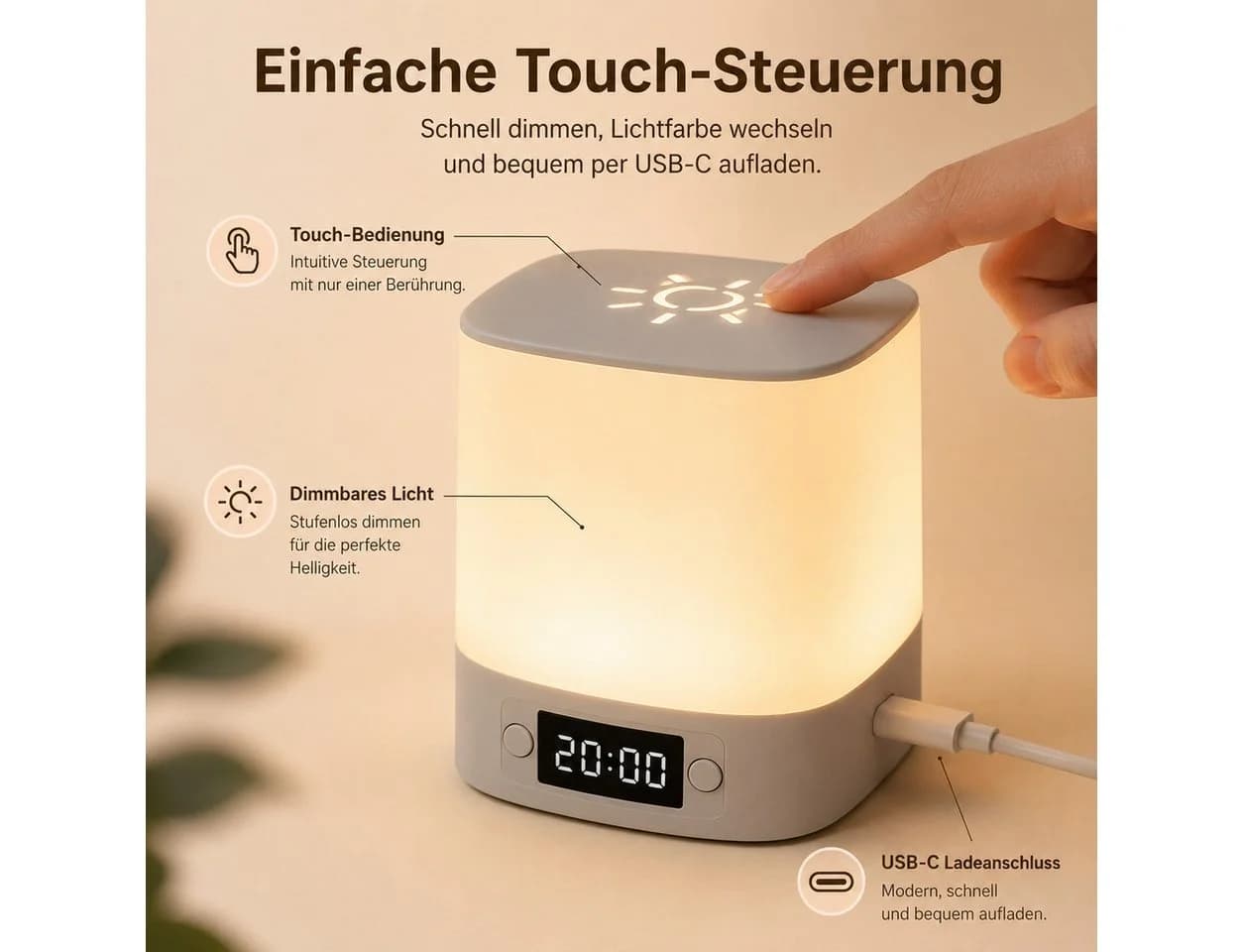 Fyrove Nachtlicht mit Uhr & Wecker, dimmbar, 3 Lichtfarben, wiederaufladbar - Bild 4