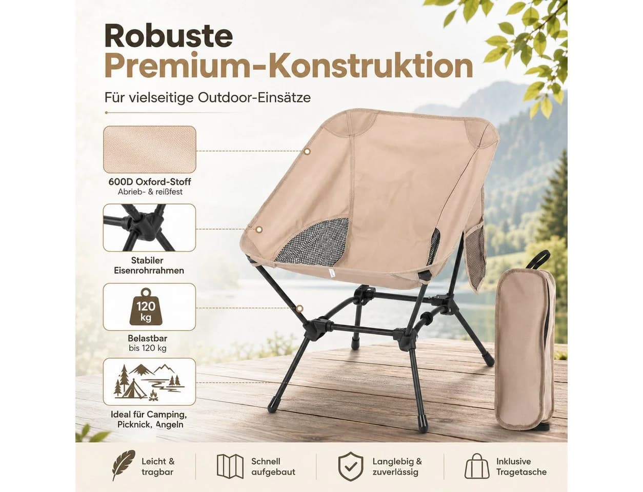 Fyrove Klappstuhl Ultraleicht 120kg Traglast Faltstuhl mit Seitentasche