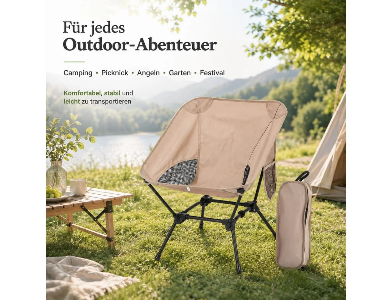 Fyrove Klappstuhl Ultraleicht 120kg Traglast Faltstuhl mit Seitentasche - Bild 3