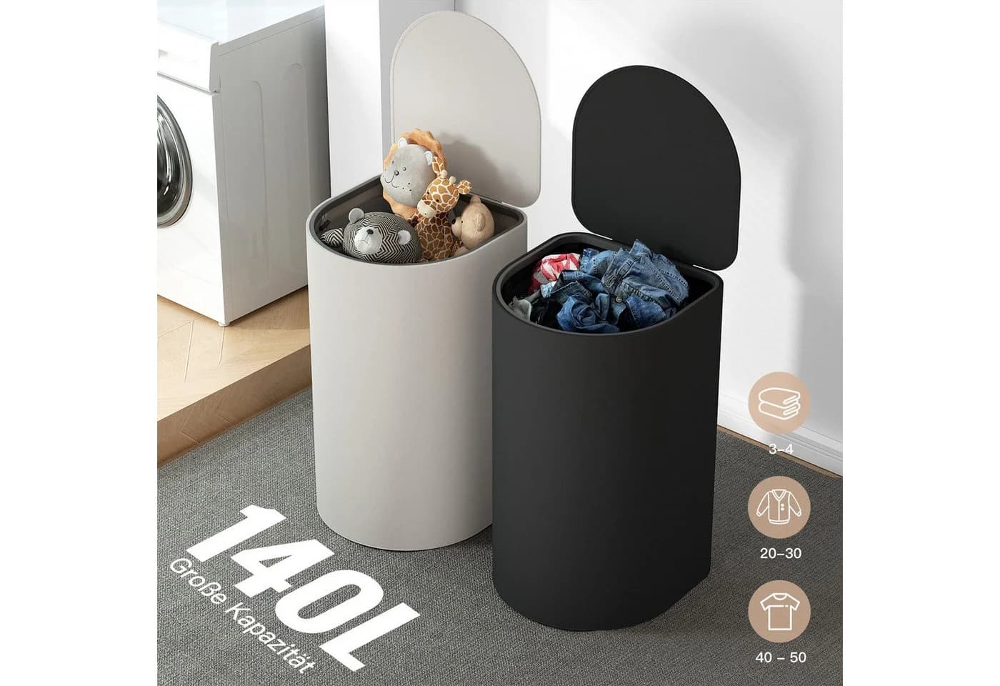 Rainsworth Wäschekorb mit Deckel 140L Schwarz Beige - Bild 5