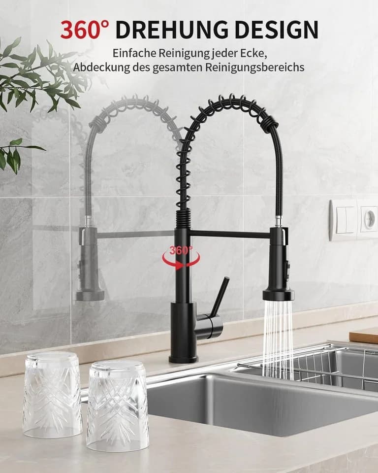 Rainsworth Küchenarmatur Schwarz Ausziehbar mit Brause 360° Drehung - Bild 4