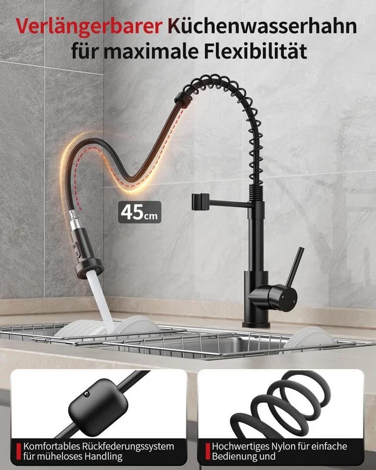 Rainsworth Küchenarmatur Schwarz Ausziehbar mit Brause 360° Drehung - Bild 5