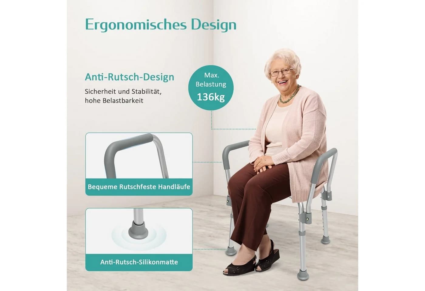 EMKE Duschhocker weiß höhenverstellbar mit Armlehnen - Bild 3