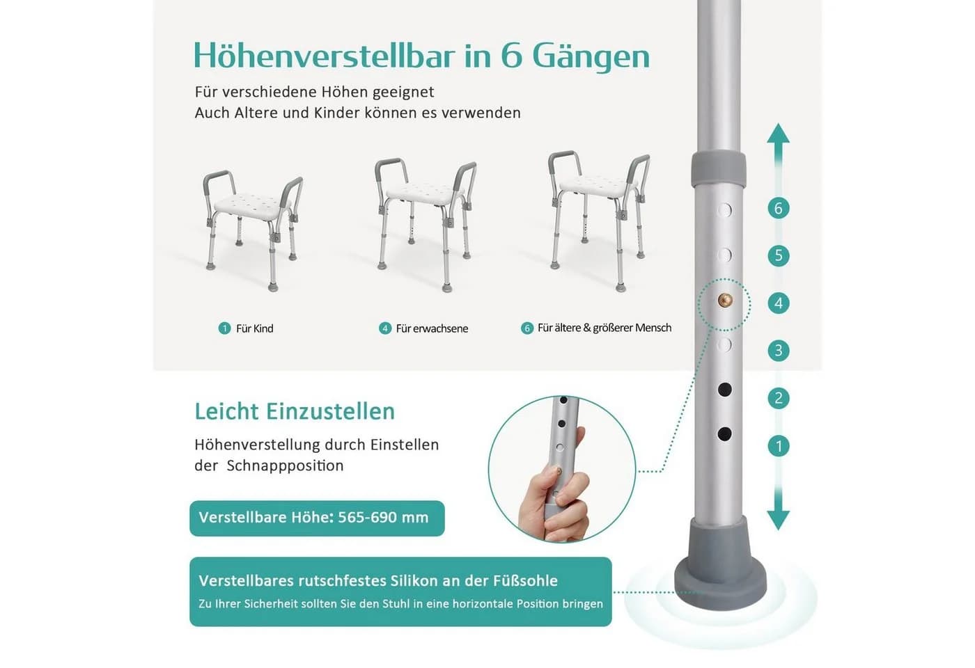 EMKE Duschhocker weiß höhenverstellbar mit Armlehnen - Bild 5
