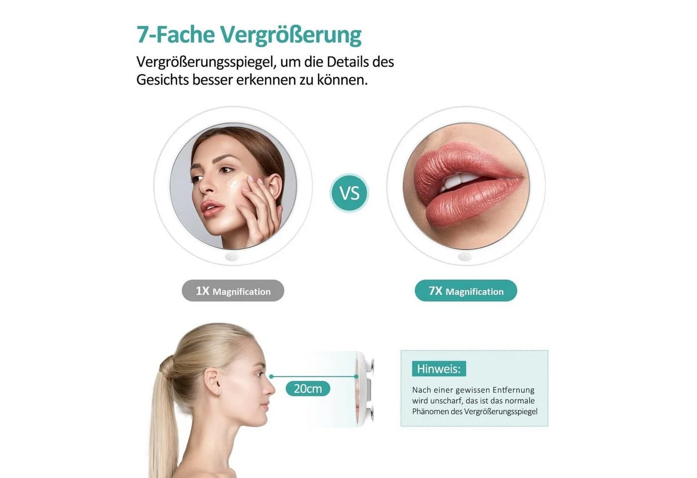 EMKE LED Schminkspiegel mit 7x Vergrößerung & Saugnapf - Weiß - Bild 3