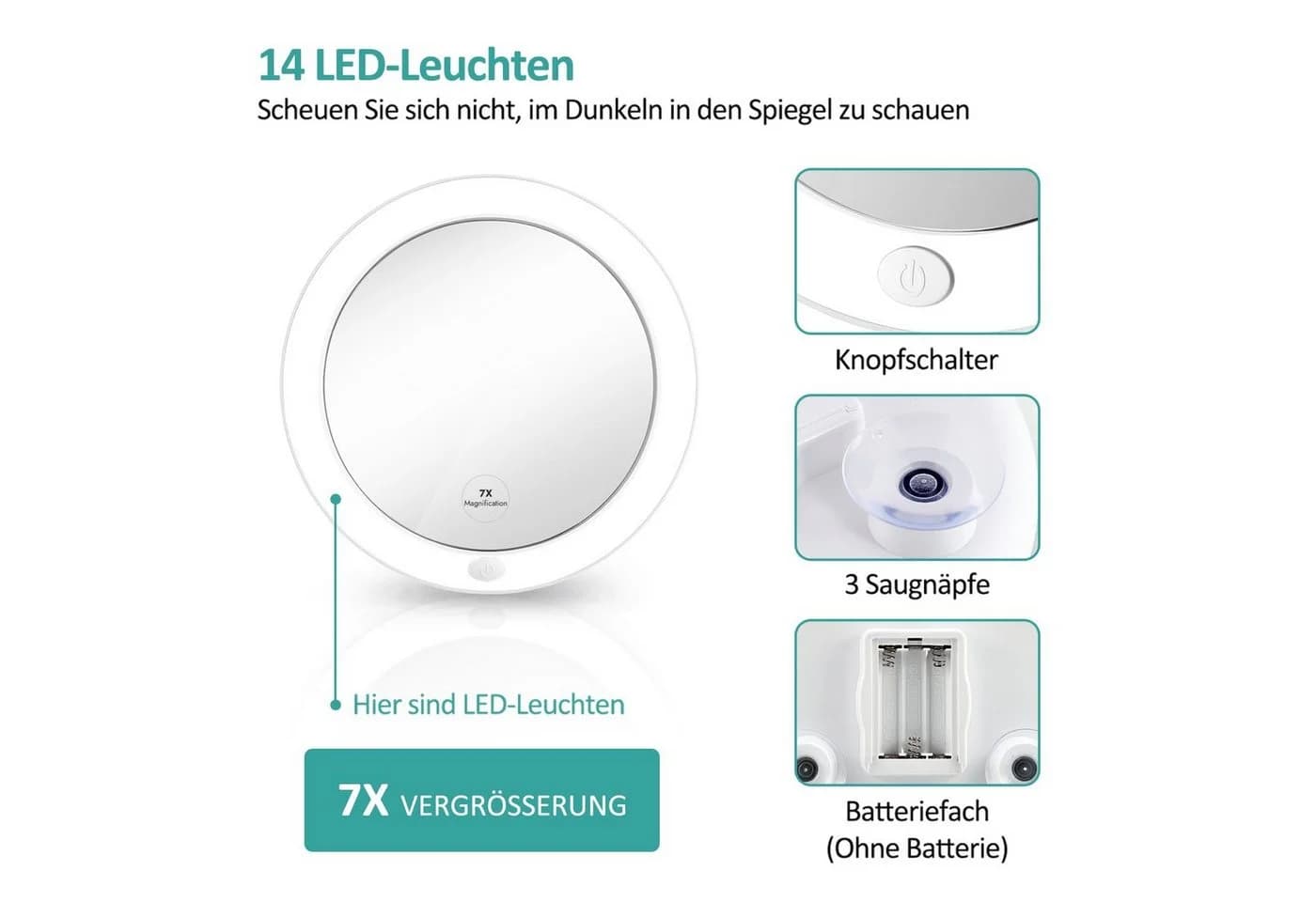 EMKE LED Schminkspiegel mit 7x Vergrößerung & Saugnapf - Weiß - Bild 5