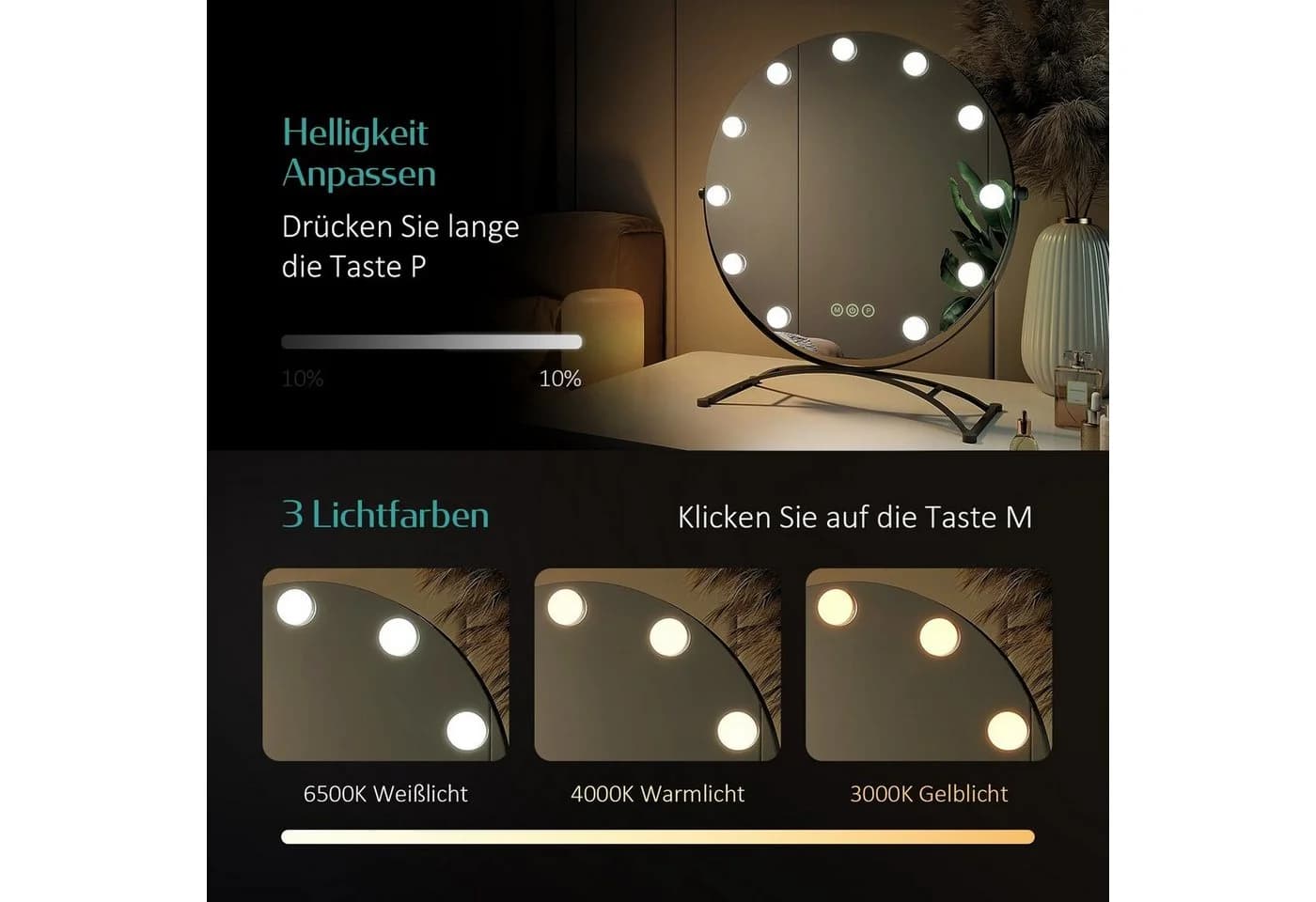EMKE Kosmetikspiegel 1 Plus 1 Hollywood Spiegel mit Beleuchtung 7-fach Vergrößerung 360° Drehbar - Bild 5