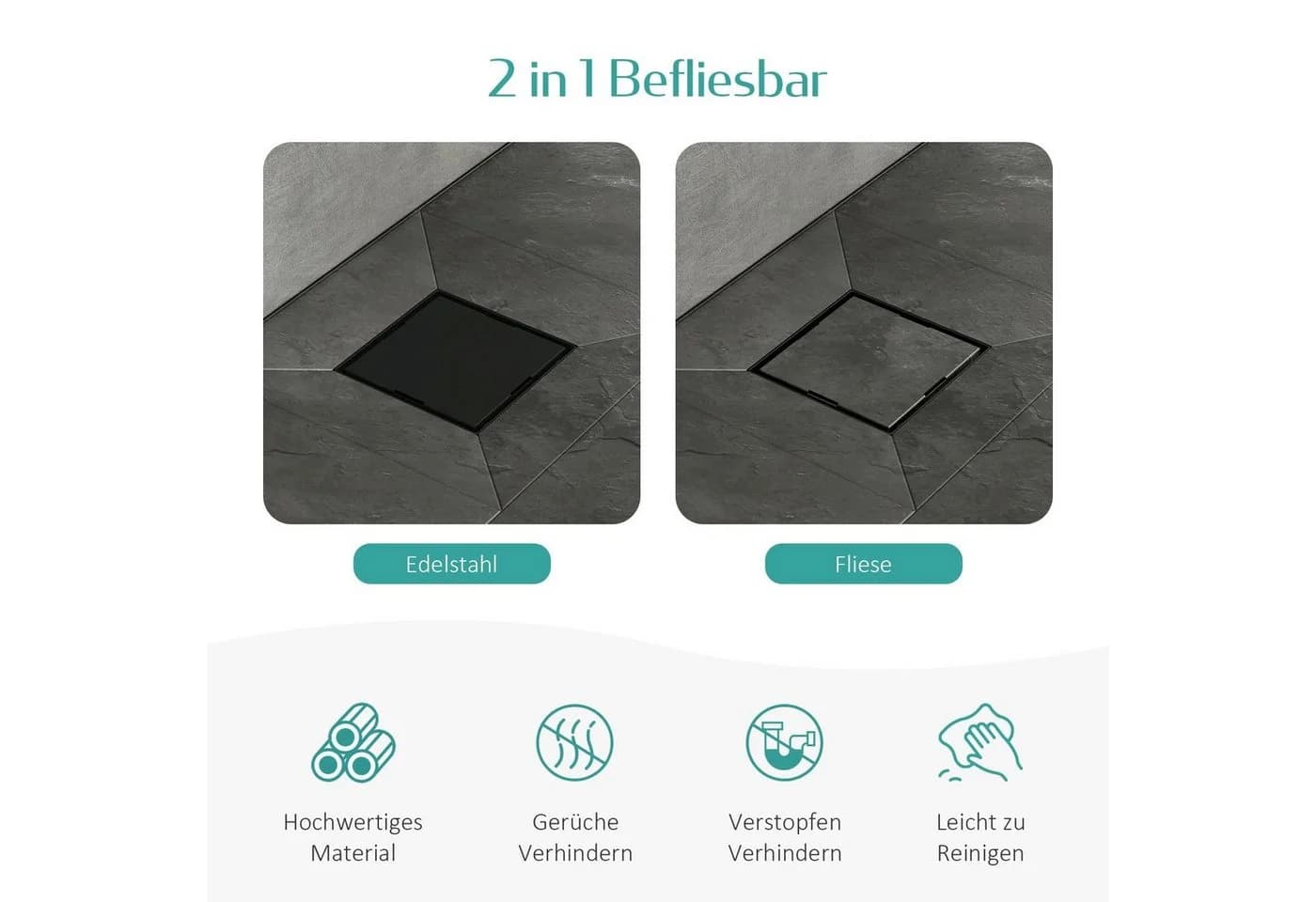 EMKE Duschrinne Edelstahl Schwarz Quadratisch 2-in-1 Komplettset - Bild 4
