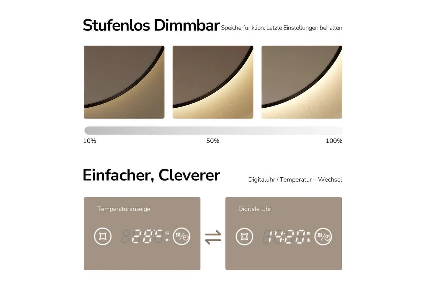 EMKE Badspiegel LED-Badezimmerspiegel Rund mit Uhr, Anti-Beschlag, Neutrales Licht (4300K), Dimmbar, IP44