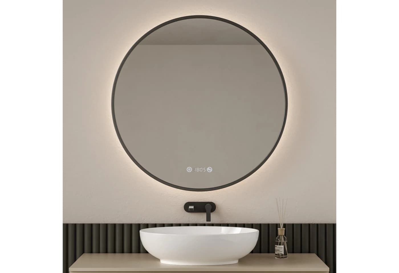 EMKE Badspiegel LED-Badezimmerspiegel Rund mit Uhr, Anti-Beschlag, Neutrales Licht (4300K), Dimmbar, IP44 - Bild 2