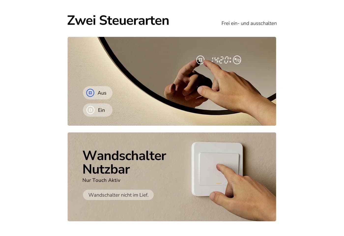 EMKE Badspiegel LED-Badezimmerspiegel Rund mit Uhr, Anti-Beschlag, Neutrales Licht (4300K), Dimmbar, IP44 - Bild 5
