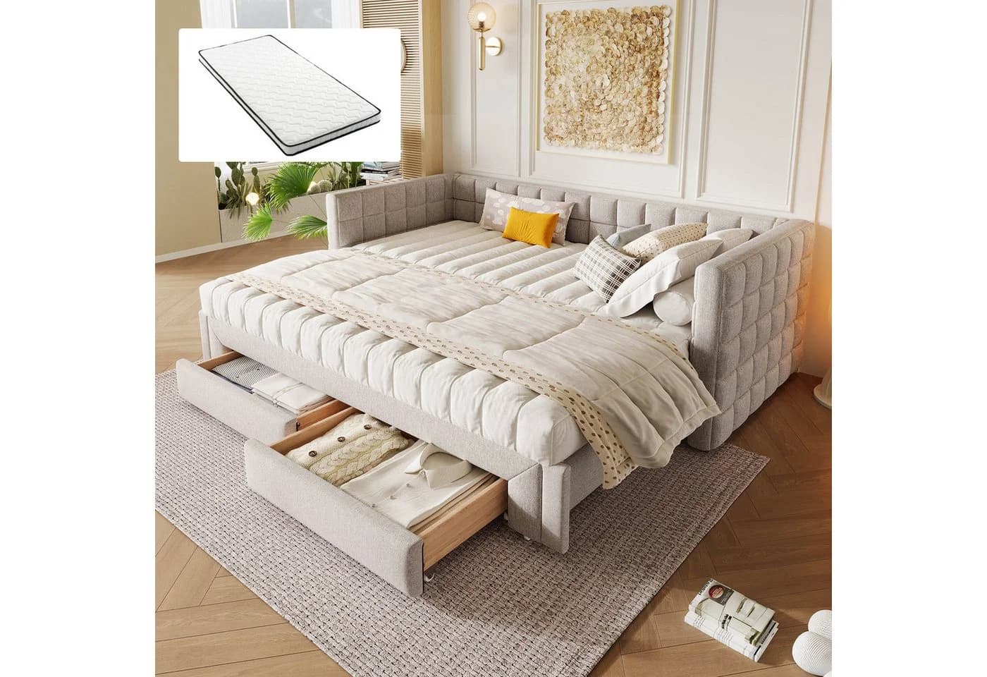 REDOM Daybett Beige Samt mit Stauraum & ausziehbar - Bild 2