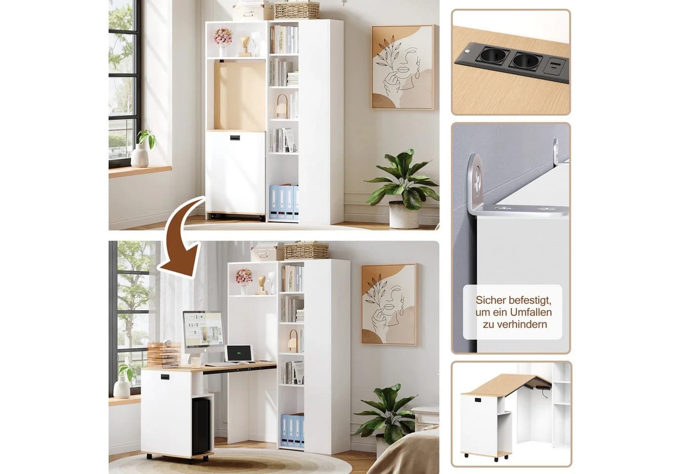OKWISH Eckschreibtisch Klappbar 2-in-1 mit Steckdose USB Weiß - Bild 5