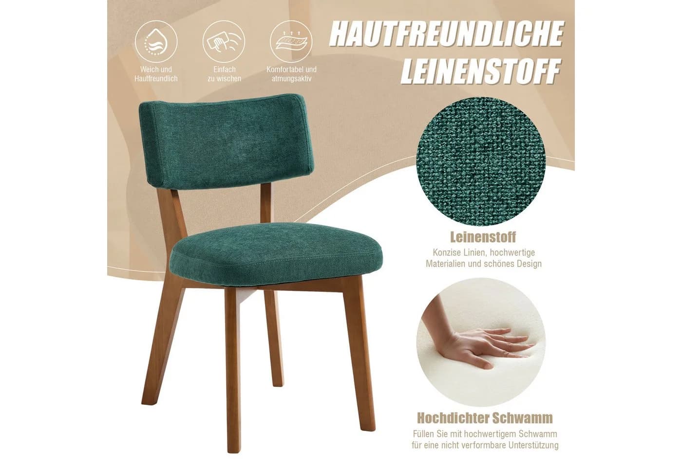 OKWISH Esszimmerstuhl 2er-Set Massivholz Grün Polsterstuhl - Bild 3