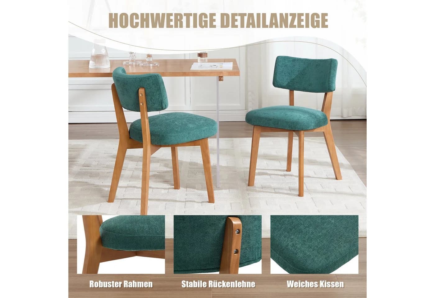 OKWISH Esszimmerstuhl 2er-Set Massivholz Grün Polsterstuhl - Bild 4
