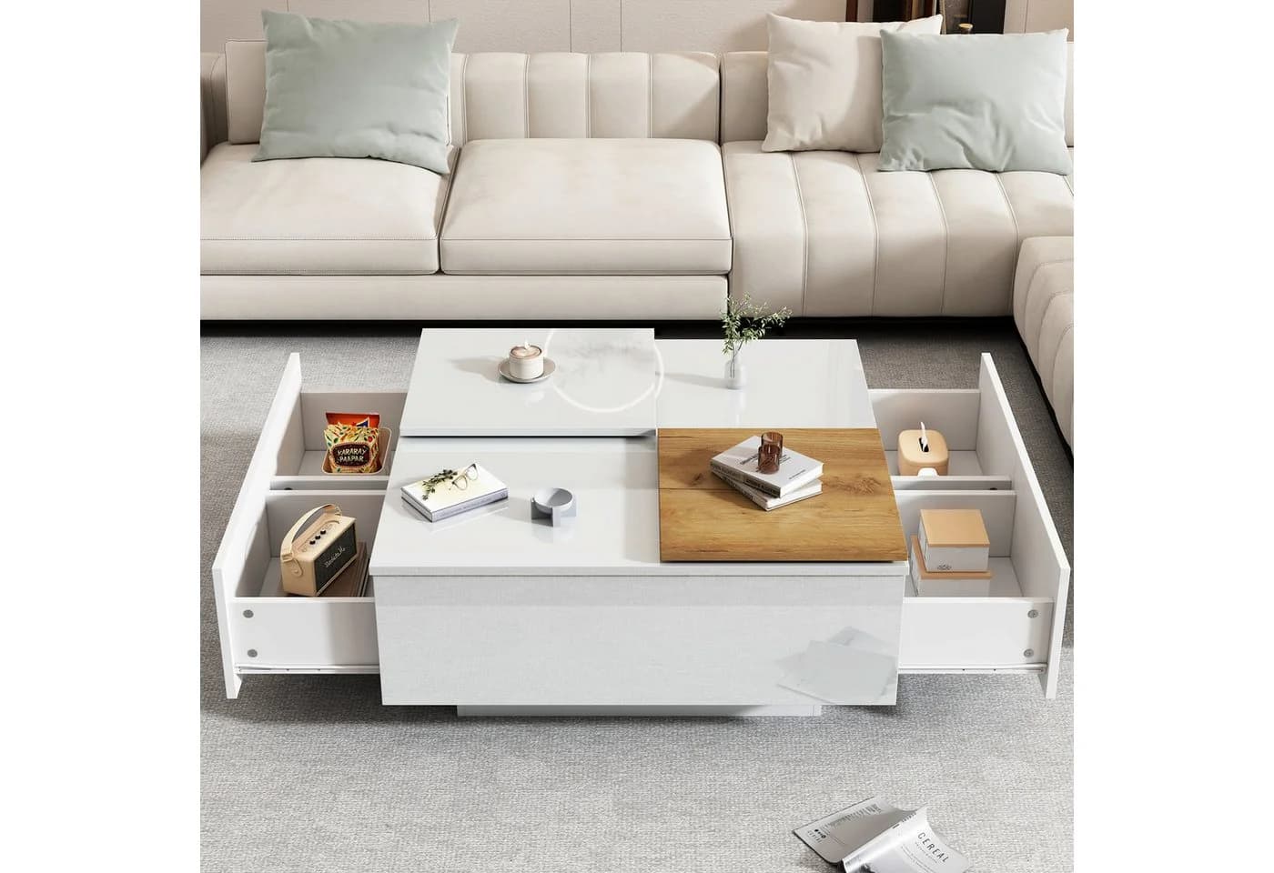 REDOM Couchtisch Modernes Schiebetischdesign, langlebige Spanplatte, quadratisch, mit vier Schubladen