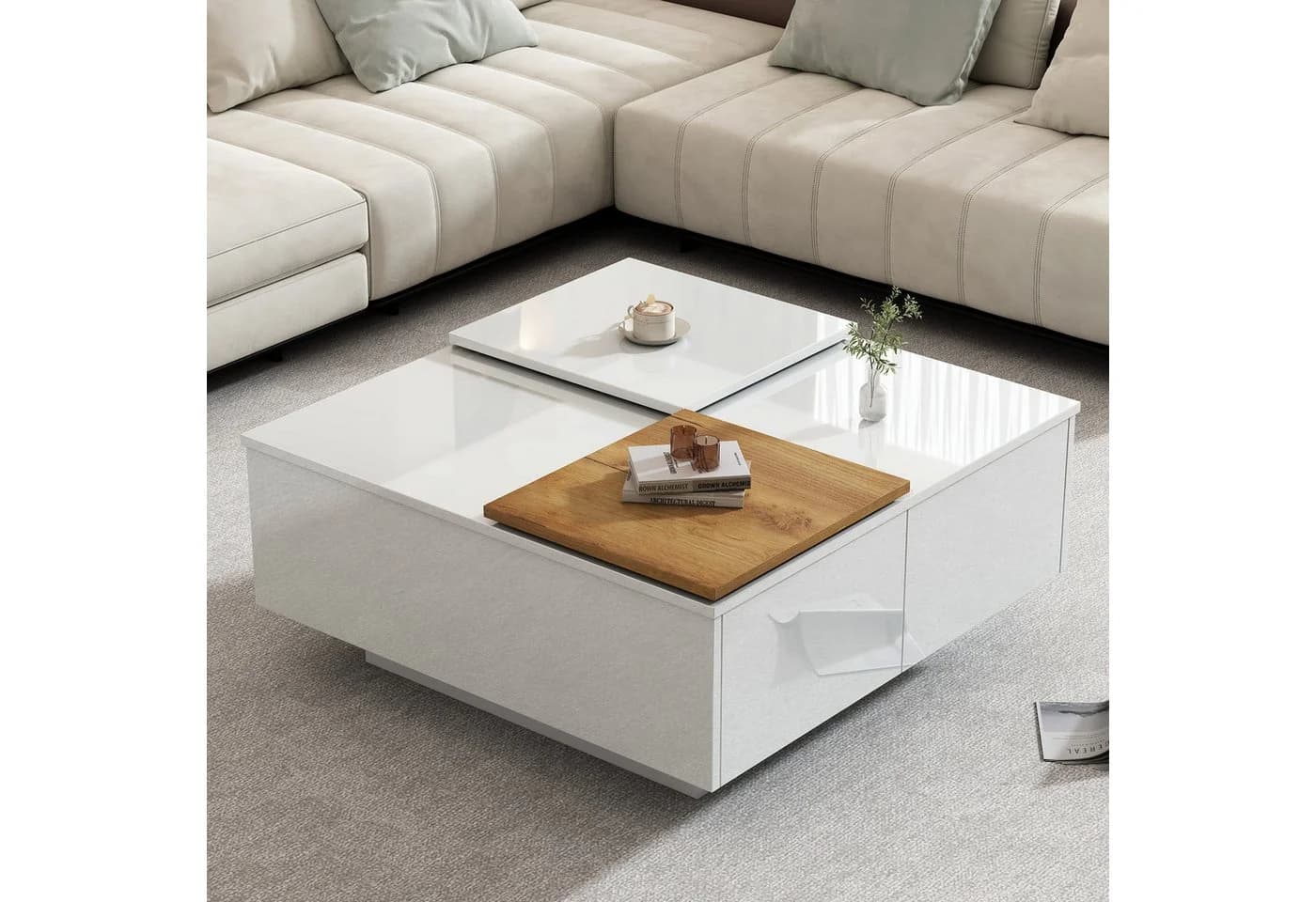 REDOM Couchtisch Modernes Schiebetischdesign, langlebige Spanplatte, quadratisch, mit vier Schubladen - Bild 2