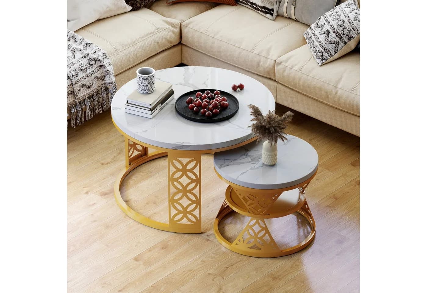 REDOM Couchtisch 2er Set Runder Beistelltisch MDF Marmoroptik Gold Weiß