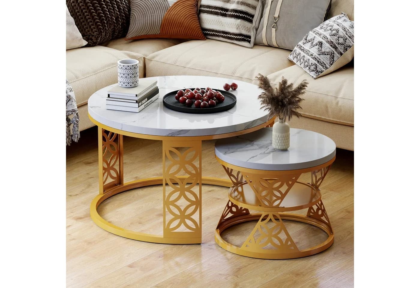 REDOM Couchtisch 2er Set Runder Beistelltisch MDF Marmoroptik Gold Weiß - Bild 2