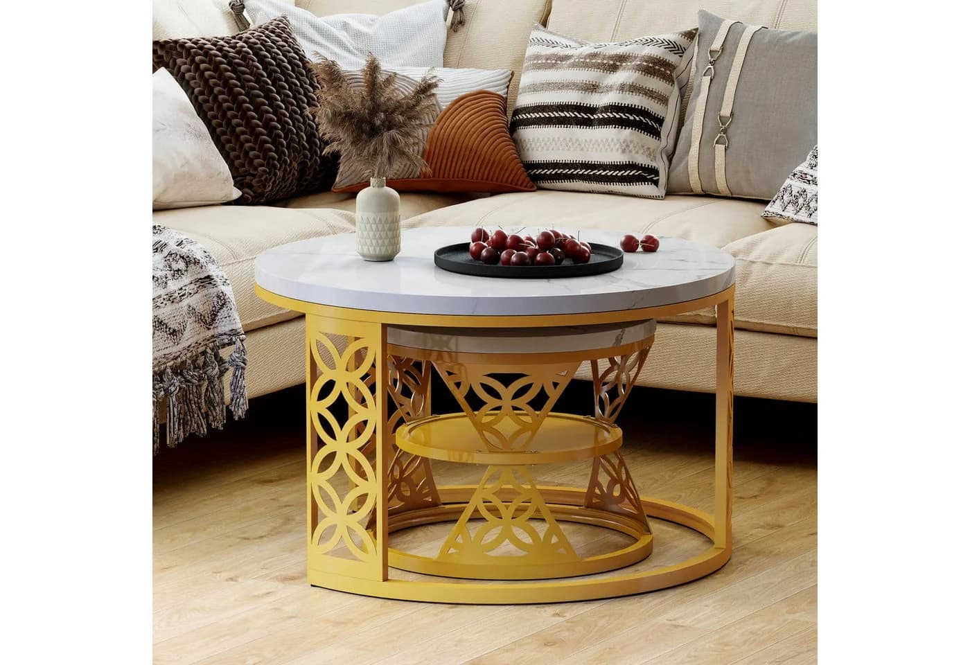 REDOM Couchtisch 2er Set Runder Beistelltisch MDF Marmoroptik Gold Weiß - Bild 3