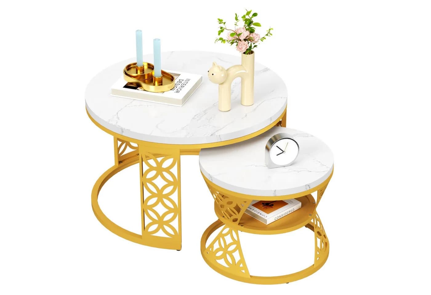 REDOM Couchtisch 2er Set Runder Beistelltisch MDF Marmoroptik Gold Weiß - Bild 5