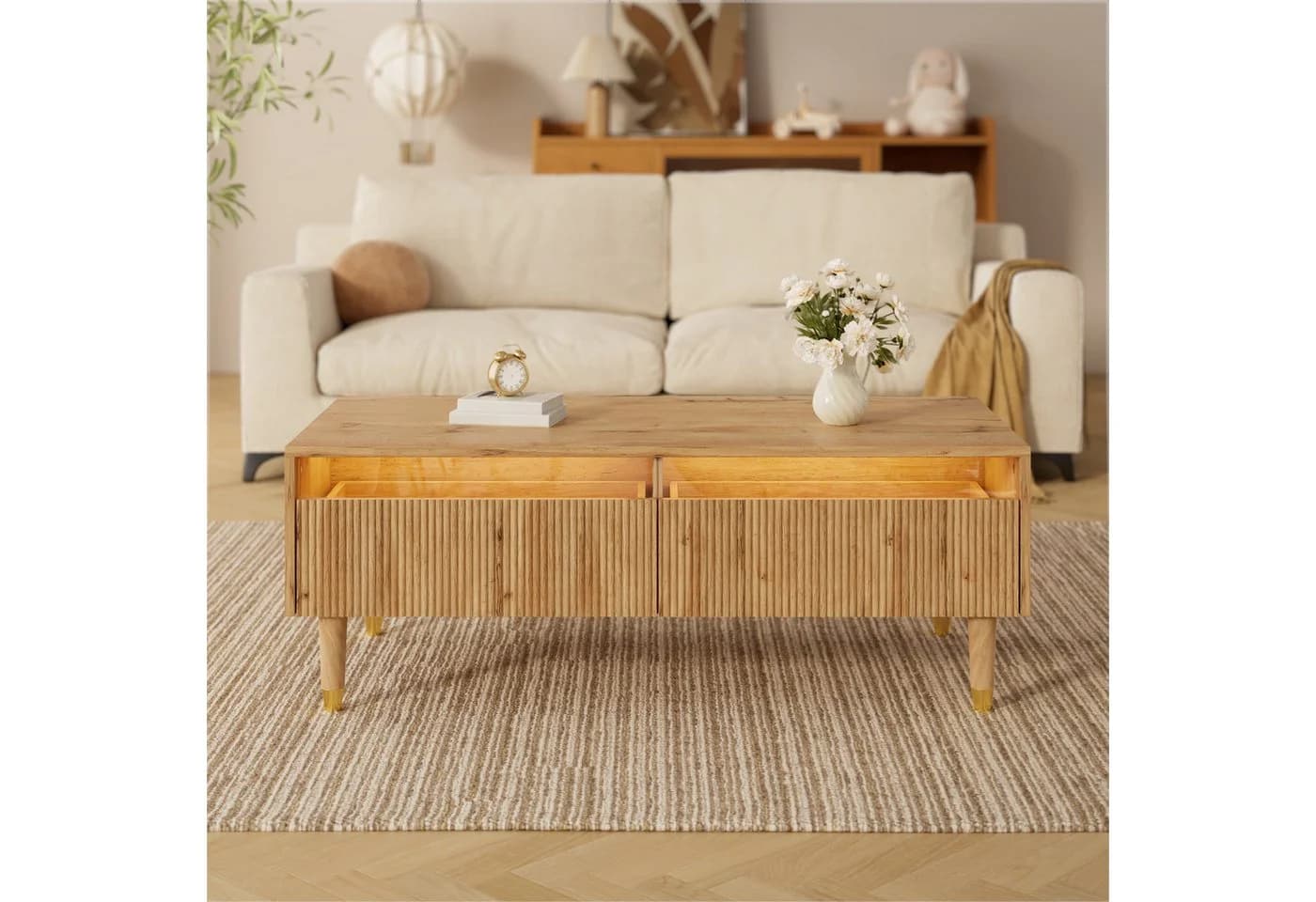 REDOM Couchtisch mit 2 großen Schubladen aus Acryl mit Wellenstruktur