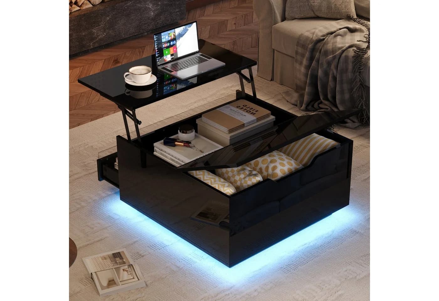 MODFU Höhenverstellbarer Couchtisch mit LED-Beleuchtung und Stauraum - Bild 3