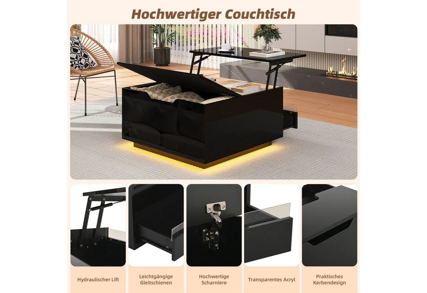 MODFU Höhenverstellbarer Couchtisch mit LED-Beleuchtung und Stauraum - Bild 5