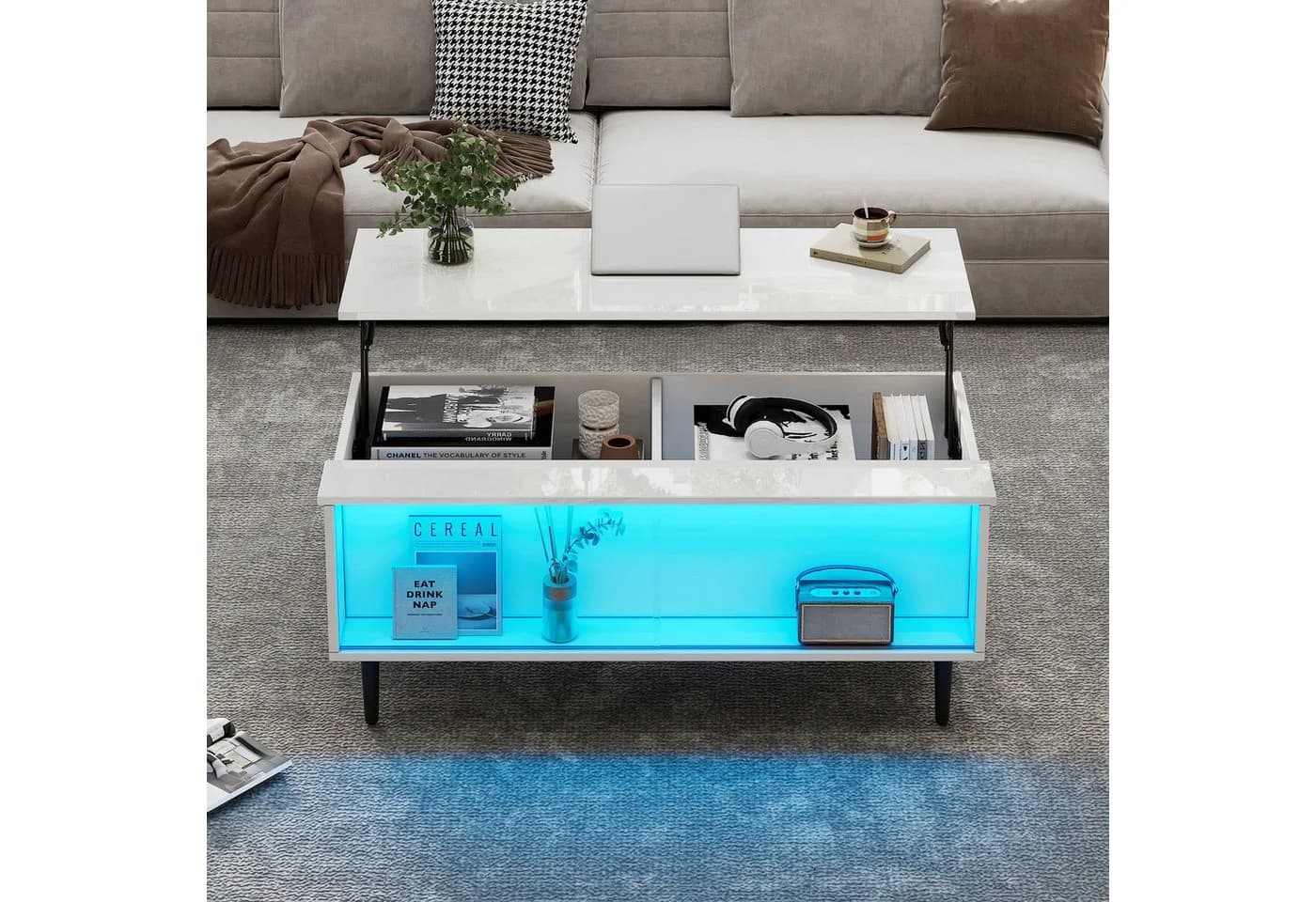 MODFU Couchtisch weiß höhenverstellbar mit LED & Stauraum - Bild 2