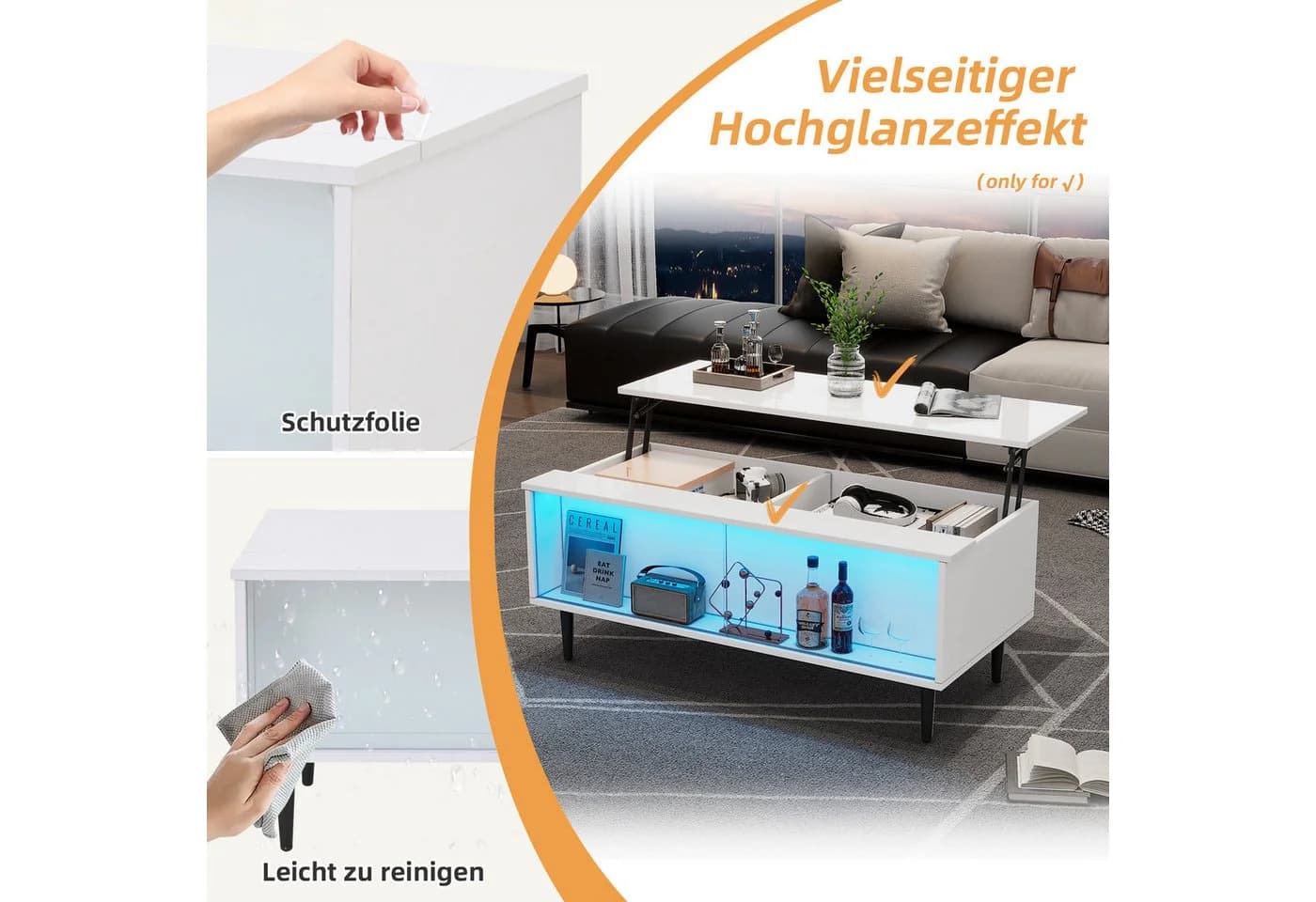 MODFU Couchtisch weiß höhenverstellbar mit LED & Stauraum - Bild 5