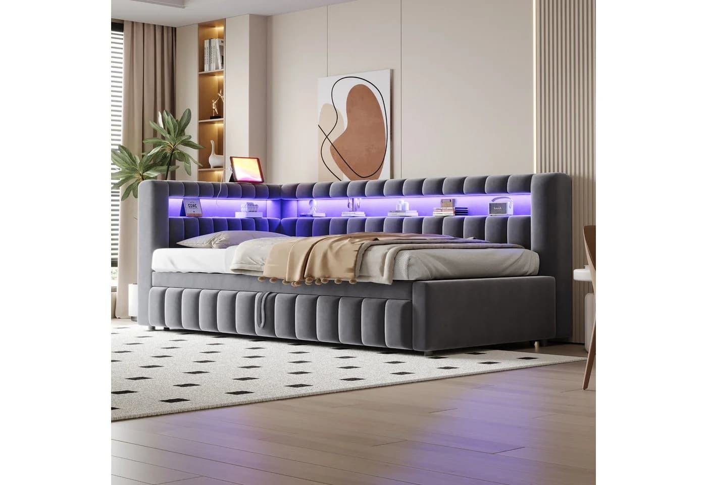 REDOM Schlafsofa LED-Beleuchtung USB Stauraum Ausziehbares Polsterbett - Bild 5