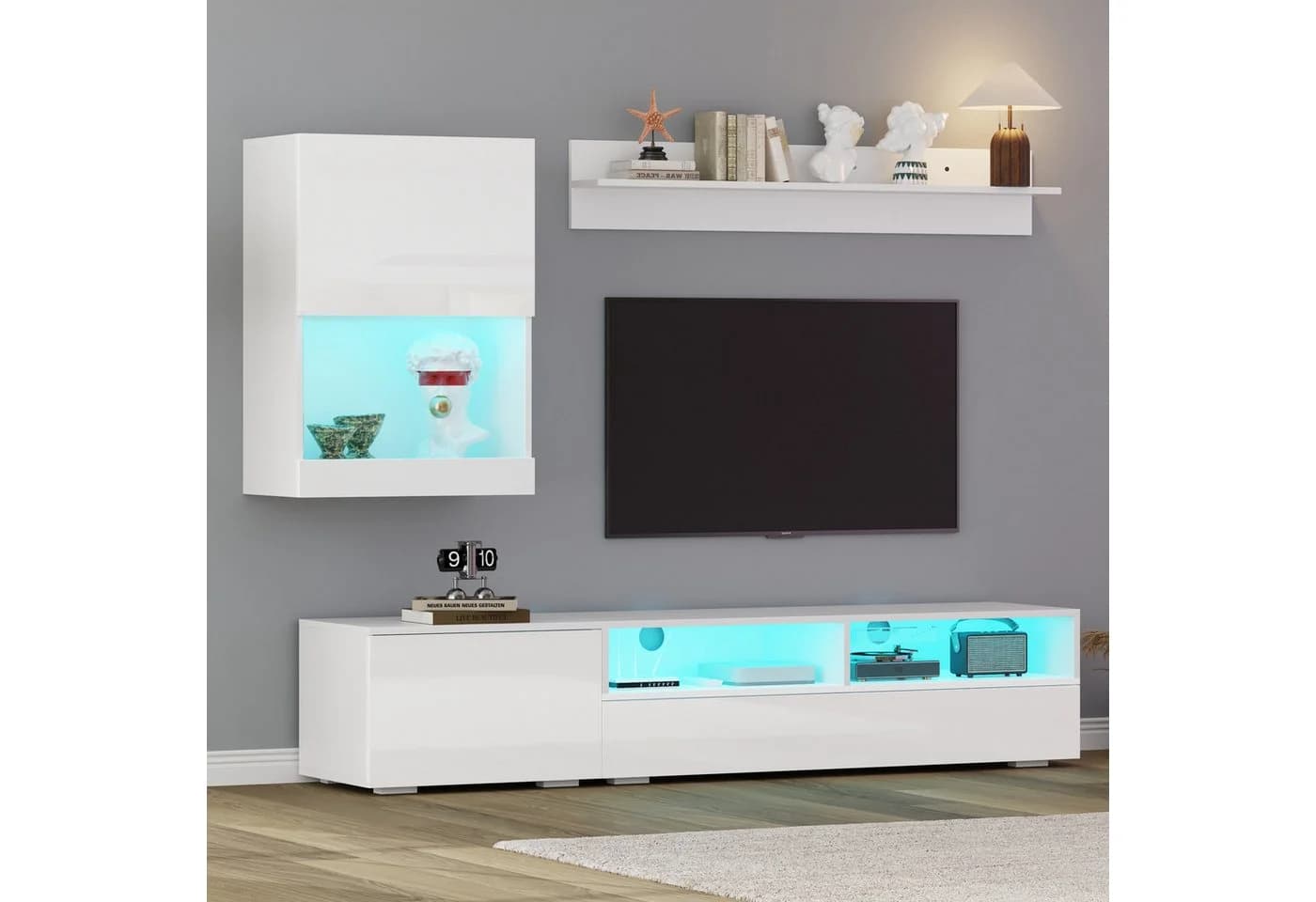 OKWISH Mediawand Set mit LED, TV-Board & Standregal Hochglanz - Bild 2