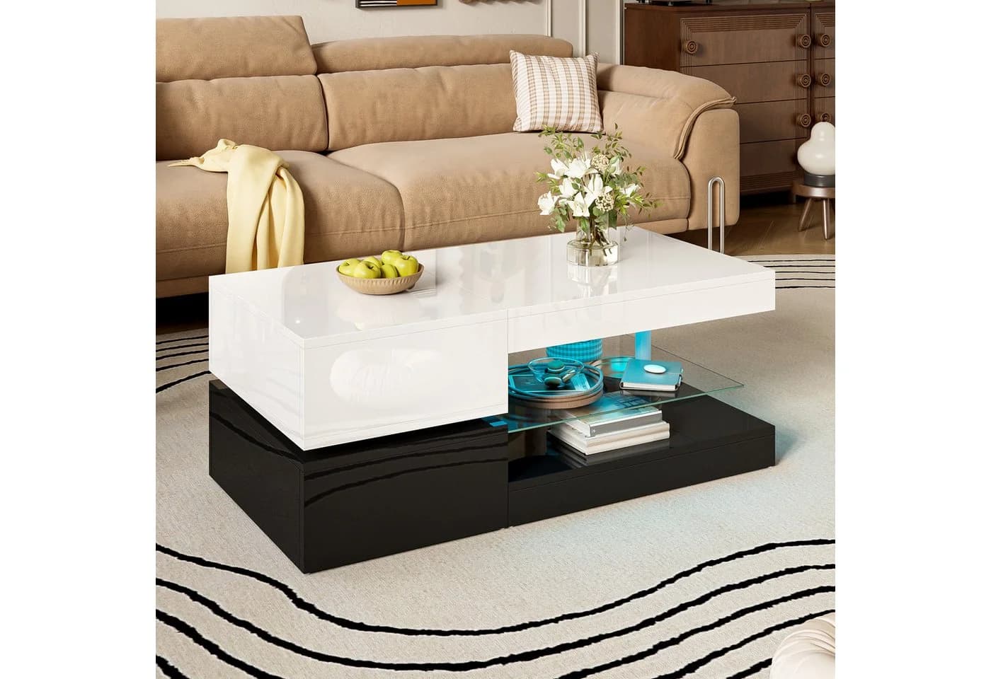 OKWISH Couchtisch Schwarz-Weiß mit LED-Beleuchtung und App-Steuerung - Bild 2