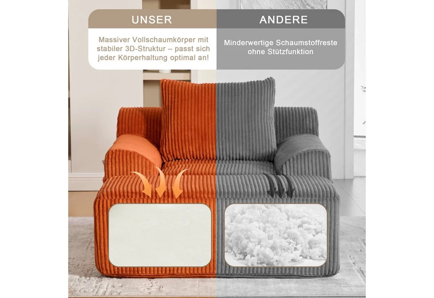 OKWISH Loungesessel Orange Kordsamt mit Fußpedal & Stauraum - Bild 5