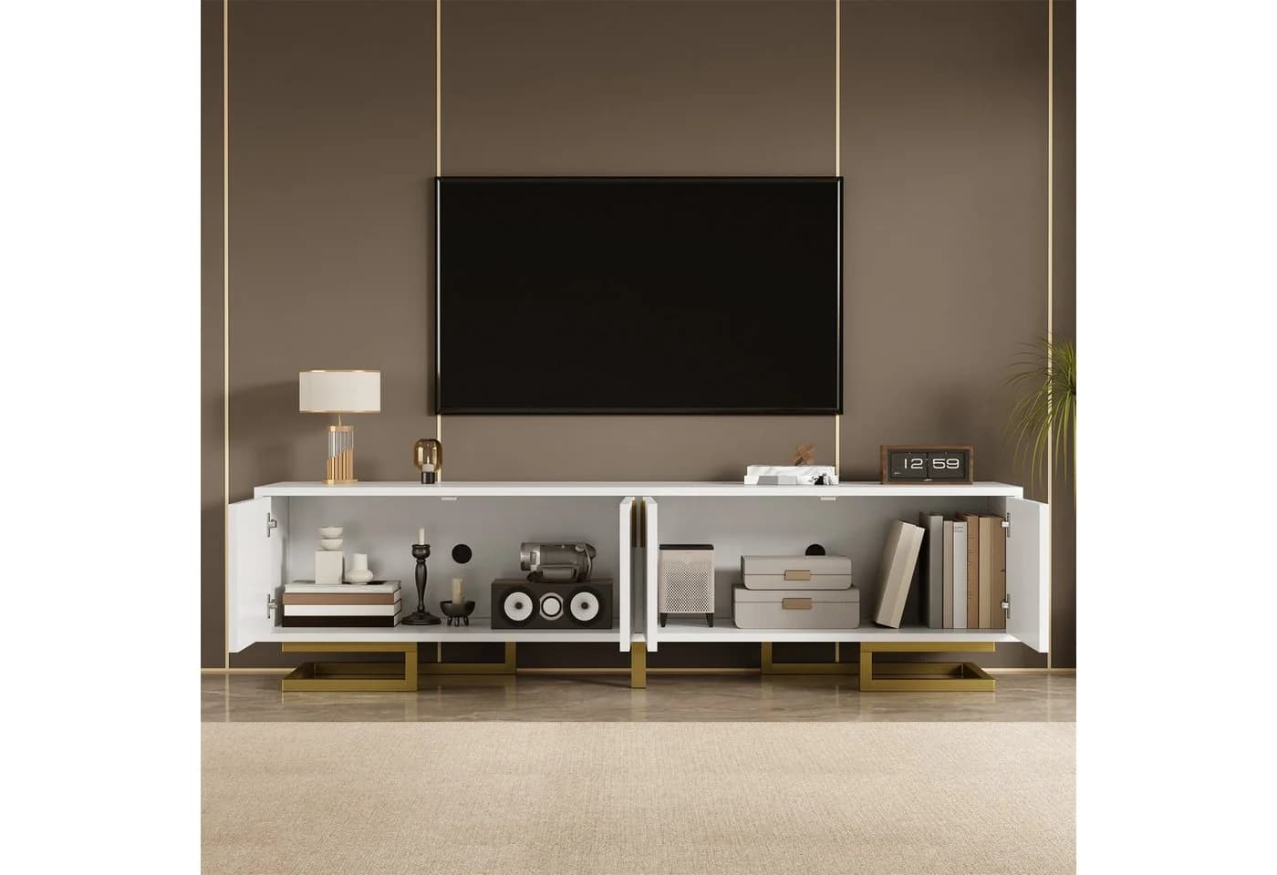 MODFU Lowboard mit Regalfächern, Goldbeine, TV-Möbel, 4 Türen - Bild 3