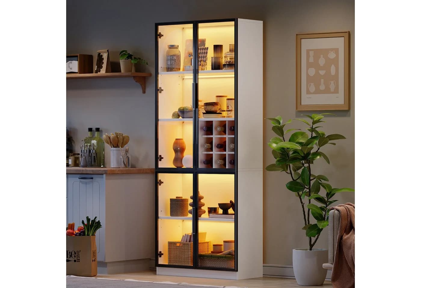 REDOM Vitrine mit Glastüren und LED-Beleuchtung Weiß