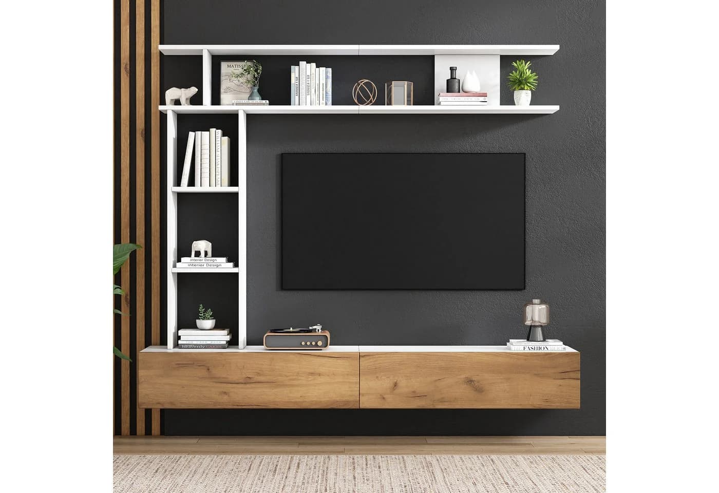OKWISH TV-Wohnwand Set Weiß Schwarz Stehend Hängend - Bild 4