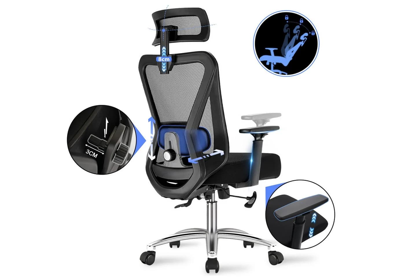 Durrafy Bürostuhl Ergonomisch Schwarz 4D-Lendenstütze - Bild 2